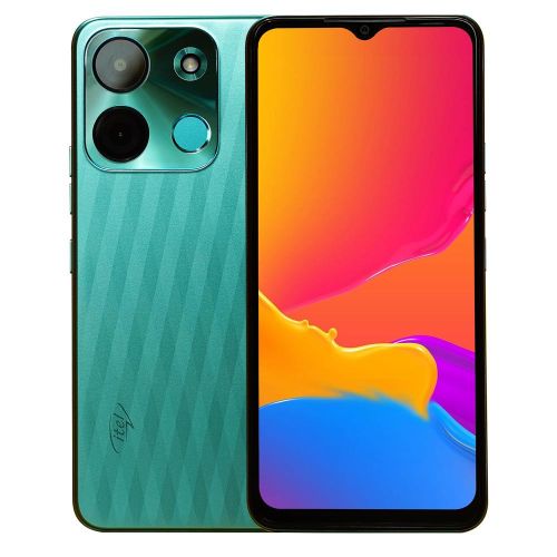 itel A60s smartphone featuring a 6.6 inch display with a green back cover, dual rear cameras, and a chin-like feature on the front.